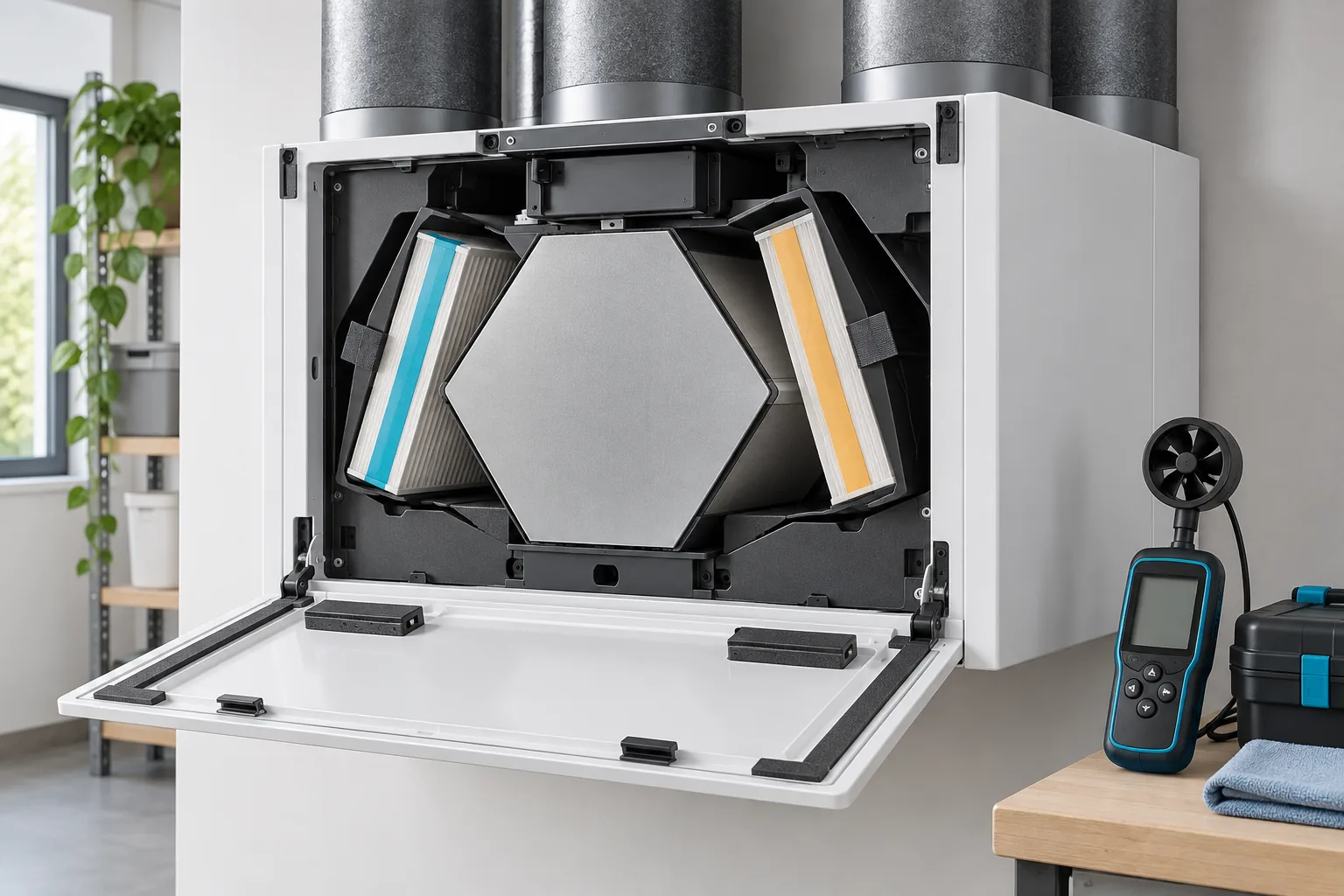 Unité double flux ouverte avec filtres accessibles et appareil de mesure