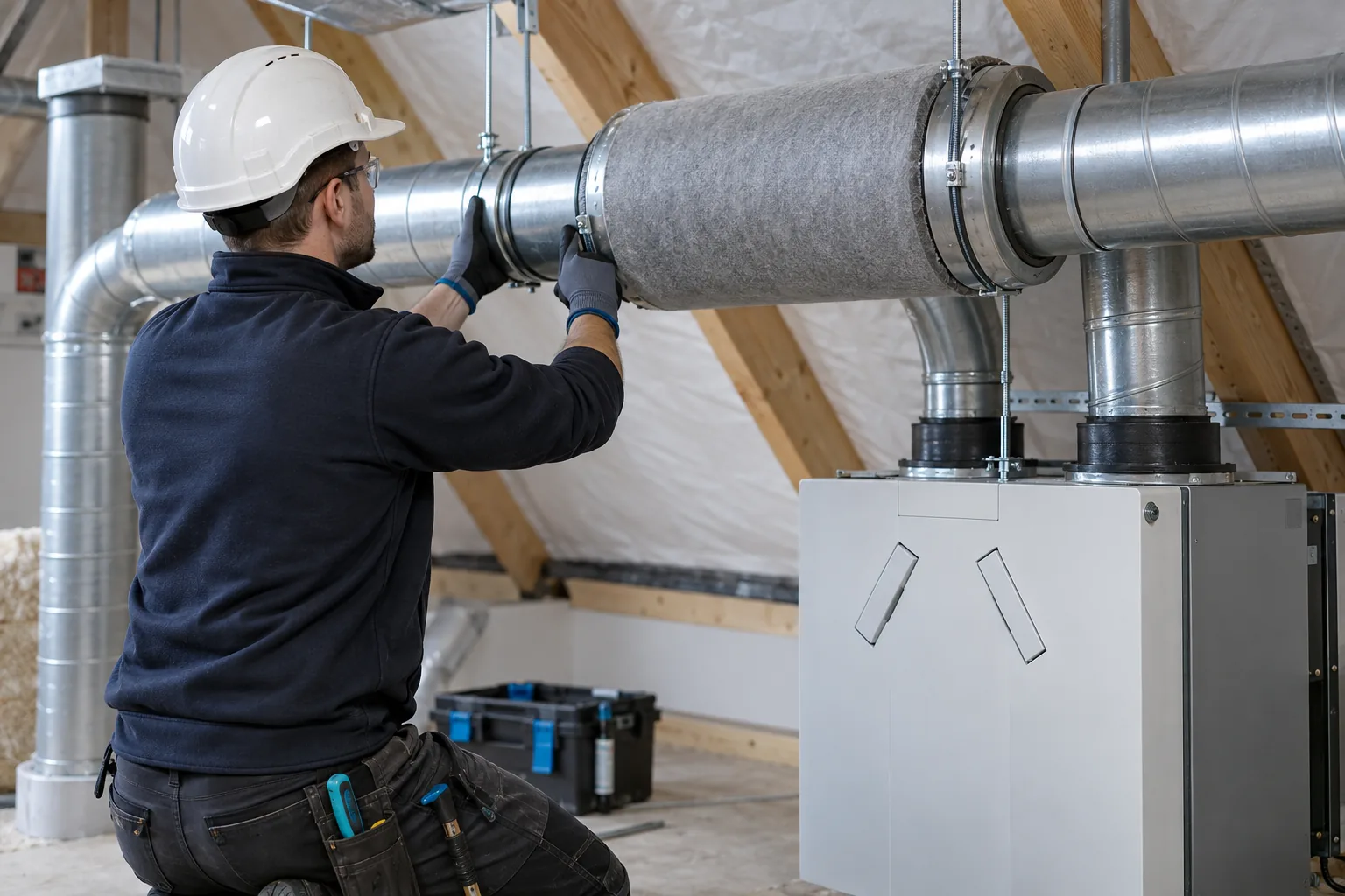 Installateur assemblant un réseau de ventilation résidentiel